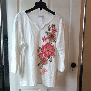 Alfred Dunner White Top with Pink Floral Embroidery